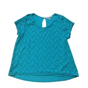French Laundry Blouse Woman's 3x Turquoise Lace Scoop Neck Short Sleeve Key Hole